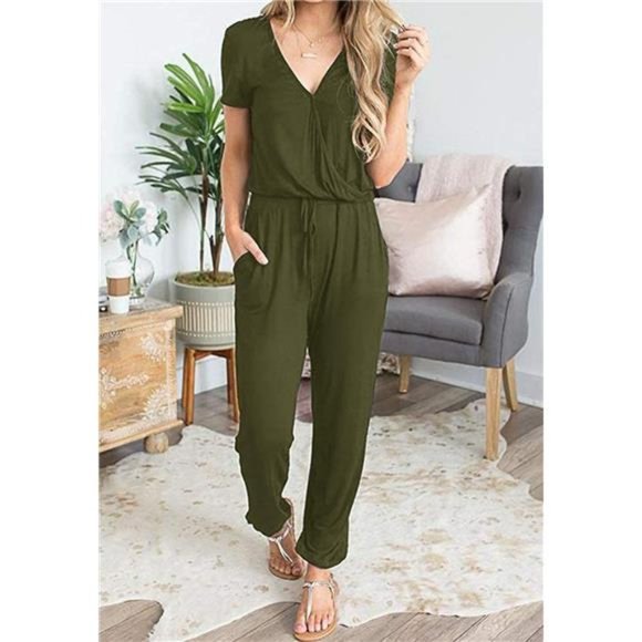 Women's Summer Casual Deep V Neck Wrap Waist Jumpsuit Romper Army Green - Picture 2 of 5